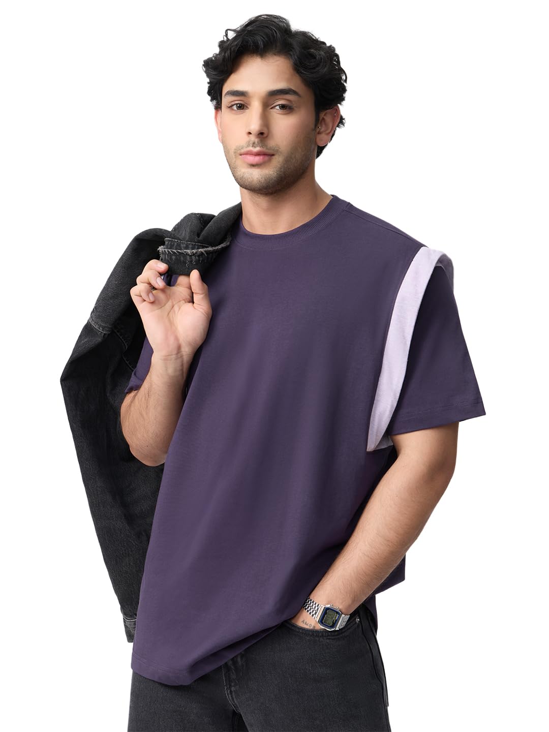 the souled store Korean T-Shirt: Berry Men and Boys Short Sleeves Round Neck Purple Solid Casual Lightweight Drop Shoulder Streetwear Trendy Oversized T-Shirts-picture-14