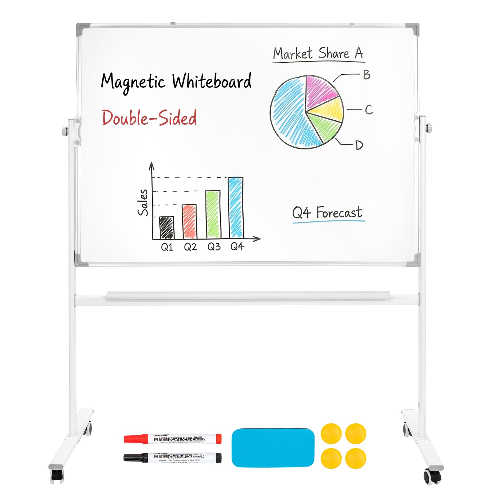 SUNNYNEST Double-Sided Magnetic whiteboard with Stand Revolving Mobile Whiteboard Aluminium Frame & Stand W1090xH745mm