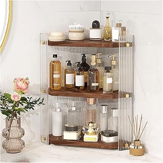 Organizador de estante esquinero de madera maciza de 3 niveles para almacenamiento de maquillaje y perfume, color marrón oscuro
