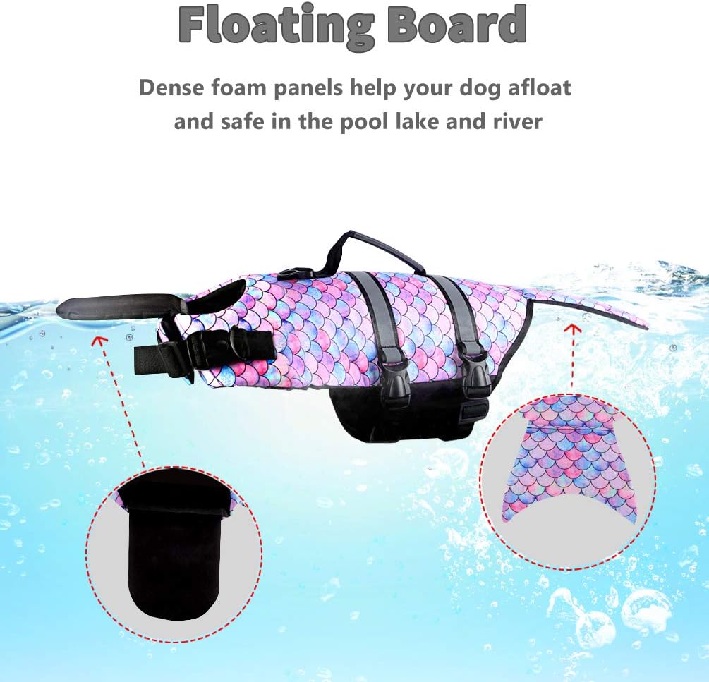 Dog Life Jacket Ripstop Pet Safety Floatation Vest Adjustable Dog Life Preserver Reflective Durable Rescue Handle Pet Lifesaver for Small Medium Large Dogs Swimming Beach Boating（Mermaid, M）
