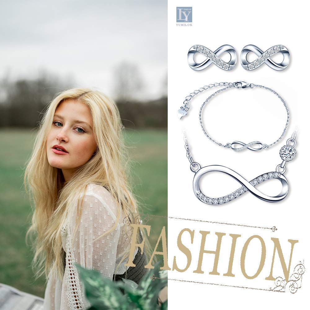 Juego de joyas de plata de ley 925, símbolo de infinito, collar, pulsera y pendientes, símbolo de infinito, circonitas, joyas para mujeres, niñas, Navidad, cumpleaños, regalo de plata, plata de ley,
