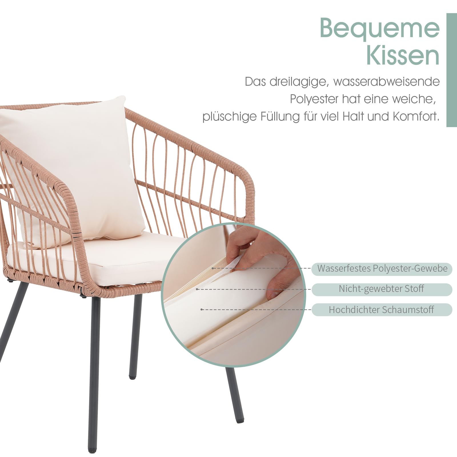 OC Orange-Casual Outdoor 3-TLG Balkon Set, Bistro Set, Rattan Gartenmöbel mit Kissen, Couchtisch mit Glastischplatte,Sitzgruppe für Garten, Balkon, Hinterhof, Natur