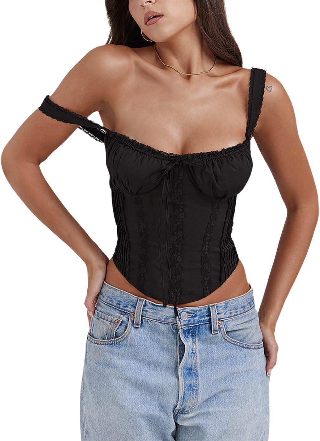 Women's Lace Up Cami Corset Tops Cold Shoulder Zip Side Ties Back Sexy Going Out Bodyshaper Bustier Top - Image 2