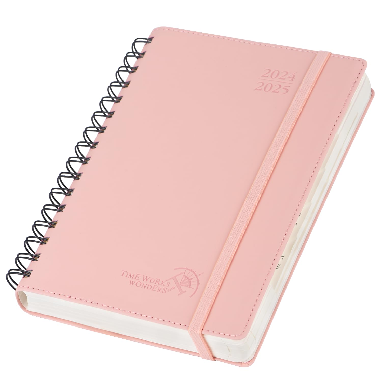 POPRUN Agenda 2024 2025 Día Por Página Espiral 21,5 x 14,5 cm, Planner Diaria con Tapa Blanda 12 Meses de Ago.2024 a Jul.2025, Banda elástica, 80 GSM Papel, Rosa Pálido