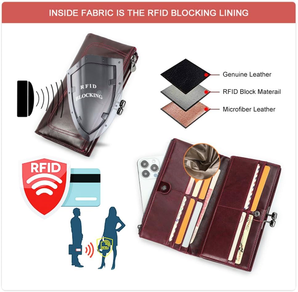 CONTACTS Kiss Lock Wallet for Women Leather Kiss Clasp Purse Bifold Wallets Card Phone Holder Clutch with Rfid Blocking (Red)