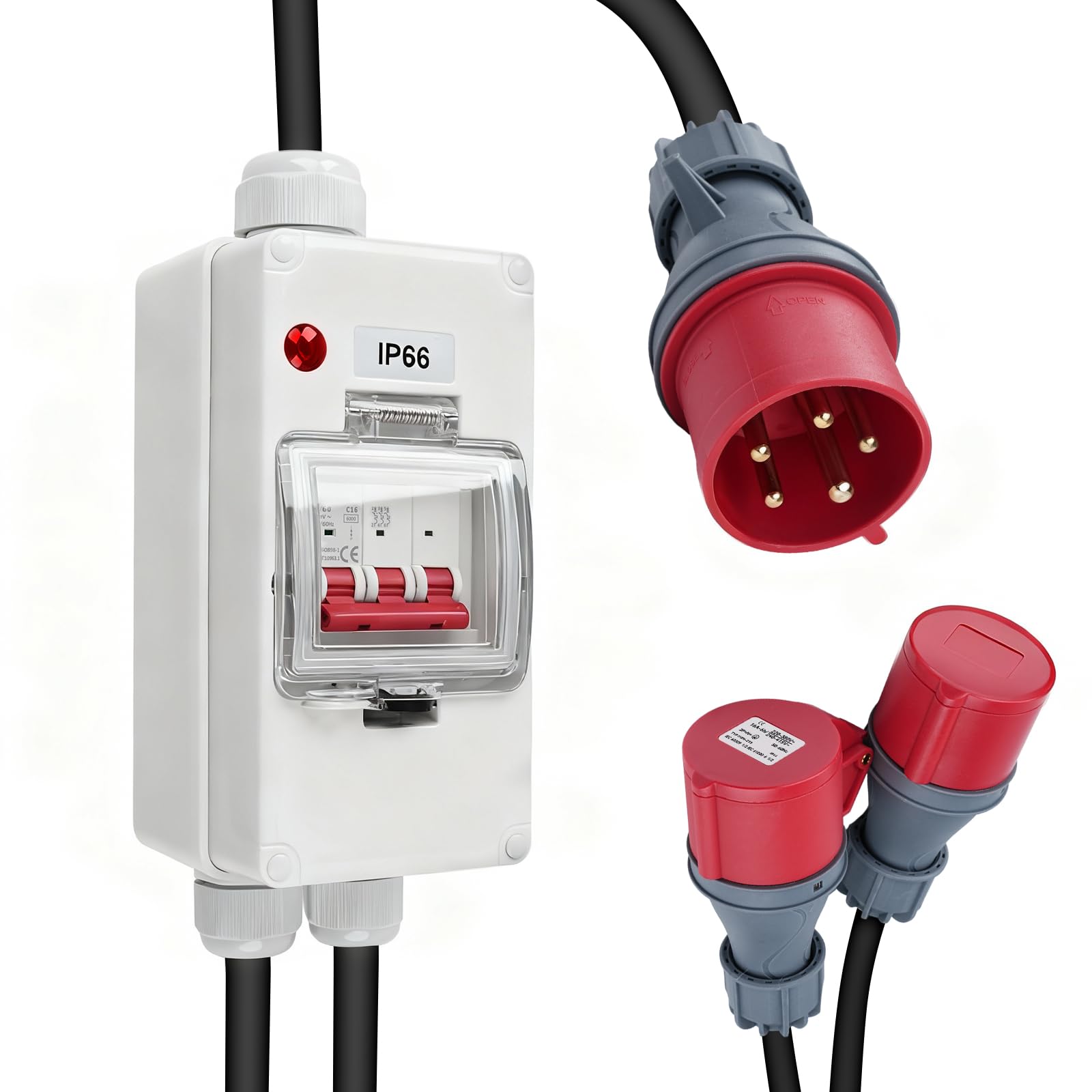 Jadeshay Adapter wtyczki kempingowej, adapter CEE 32A do 16A z wyłącznikiem i przedłużaczem kabla elektrycznego, 240V-415V 5-biegunowa wtyczka do wodoodpornego złącza IP66 do przyczep kempingowych i