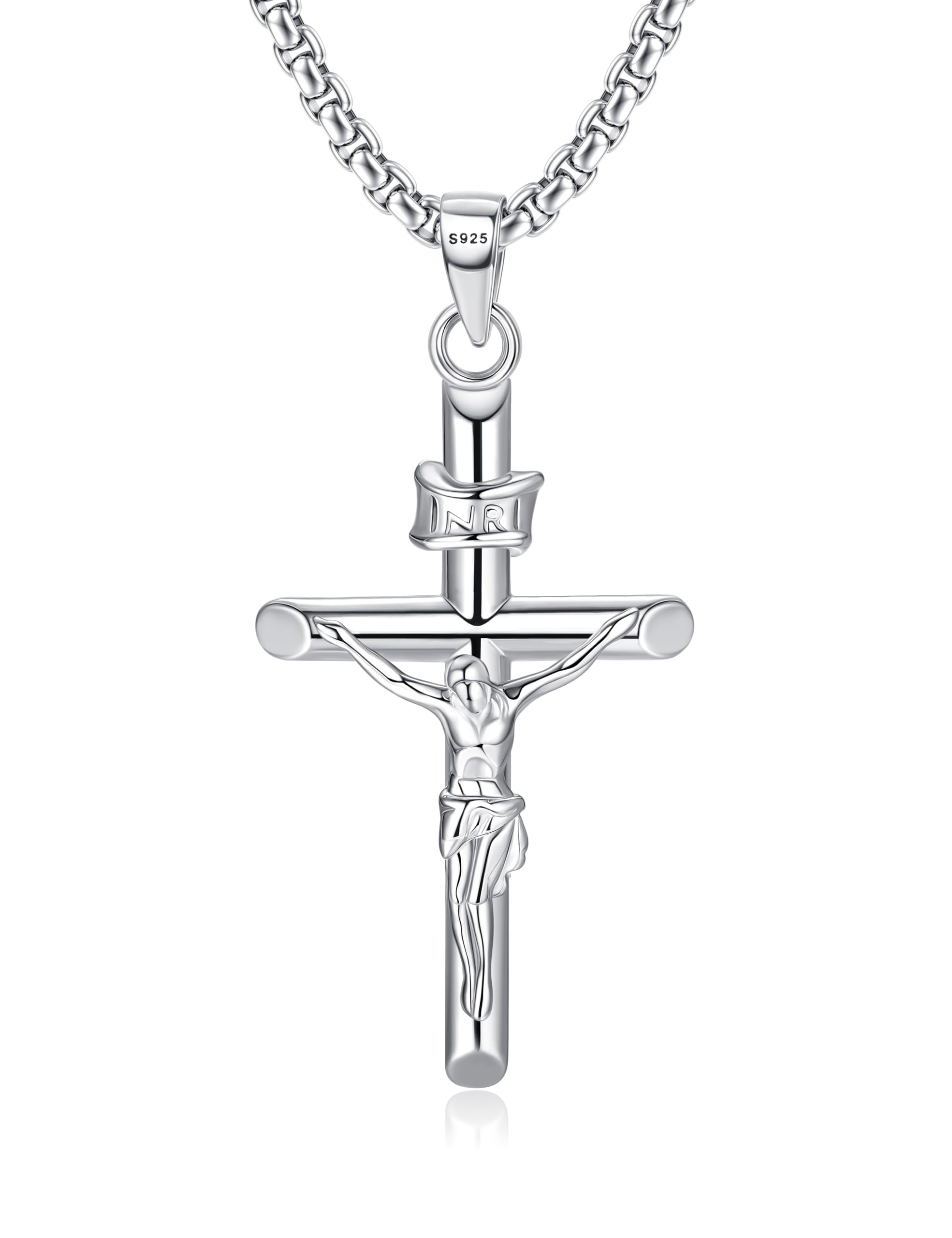 MILACOLATO 925 Sterling Silver Crucifix Necklace for Men Women, 2mm Sterling Silver Rolo Chain with Small or Large Crucifix Pendant, Jesus Crucifix