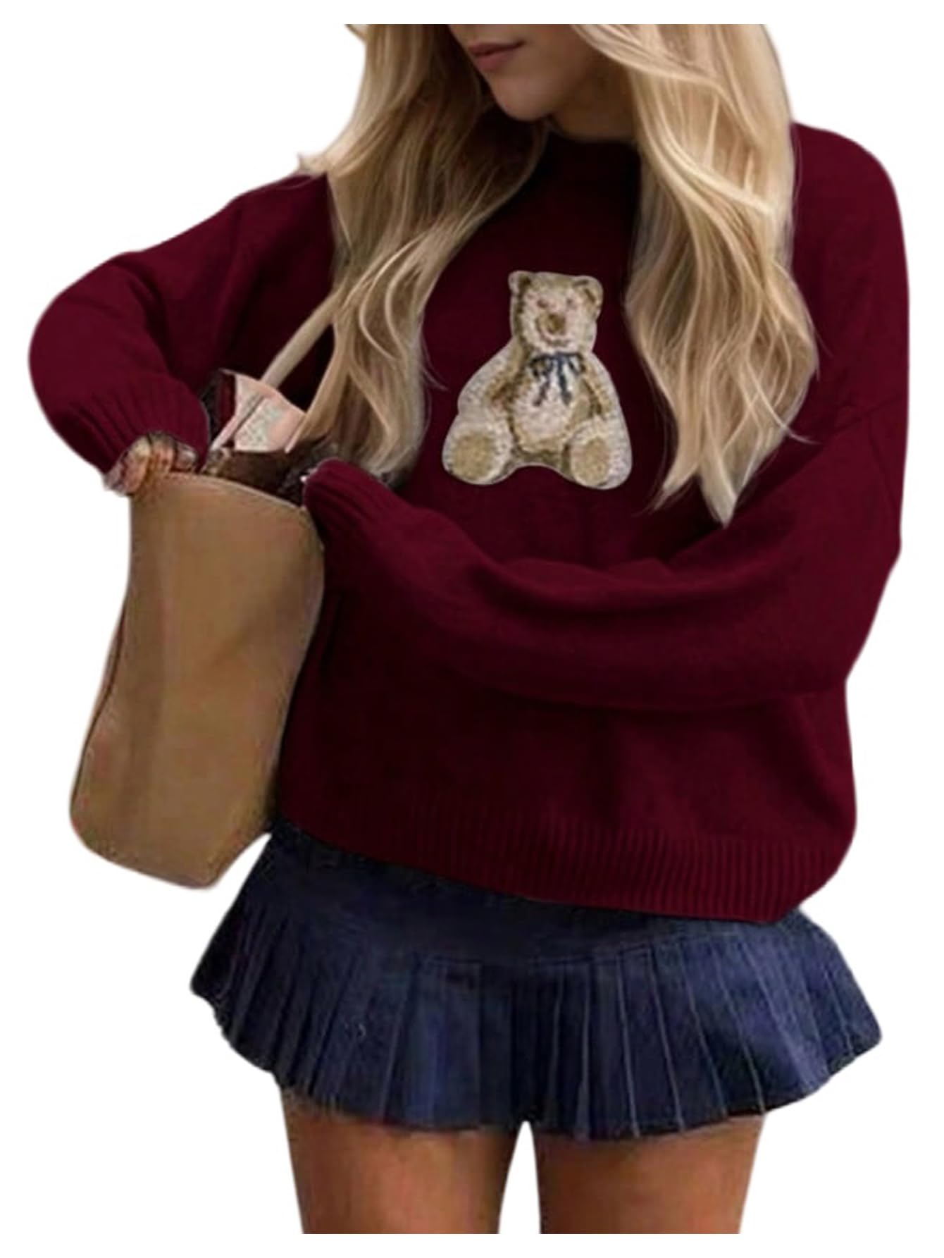 MakeMeChic Womens Bear Graphic Sweater Crewneck Long Sleeve Cute Pullover Tops