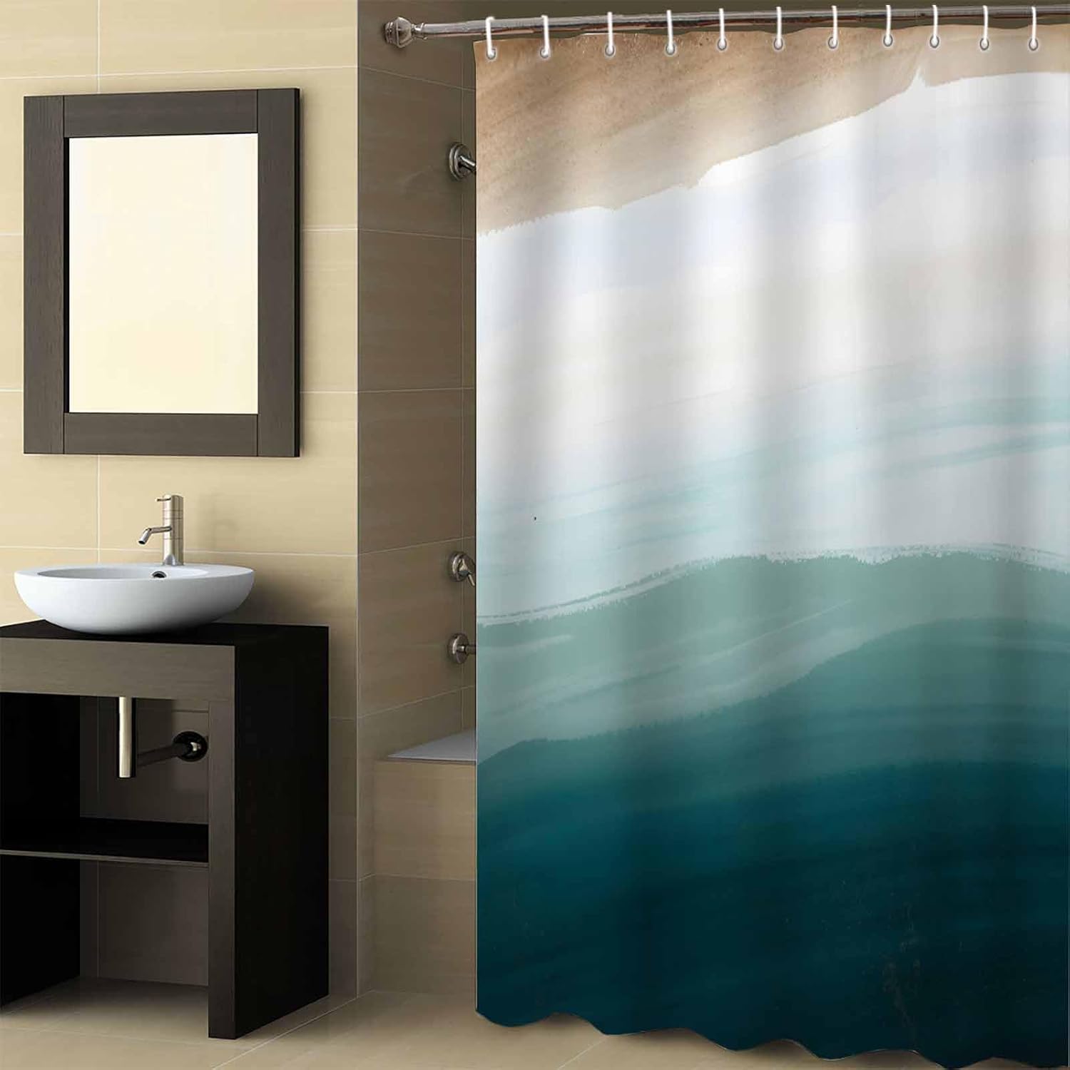 Abstract Beach Shower Curtain for Bathroom 54" x 78", Brown White Turquoise Gradient Shower Curtain with Hooks Polyester Waterproof Home Bathtub Decor