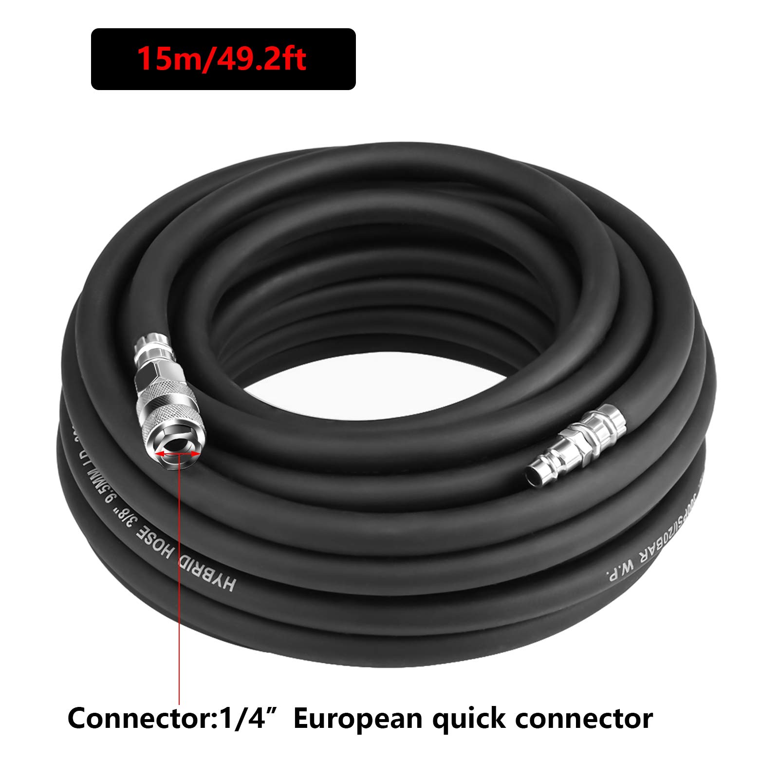 15M Manguera de aire neumática de goma flexible con kit de accesorios de compresor de 5 piezas, Manguera de Aire para Compresor, manguera neumática para aire comprimido