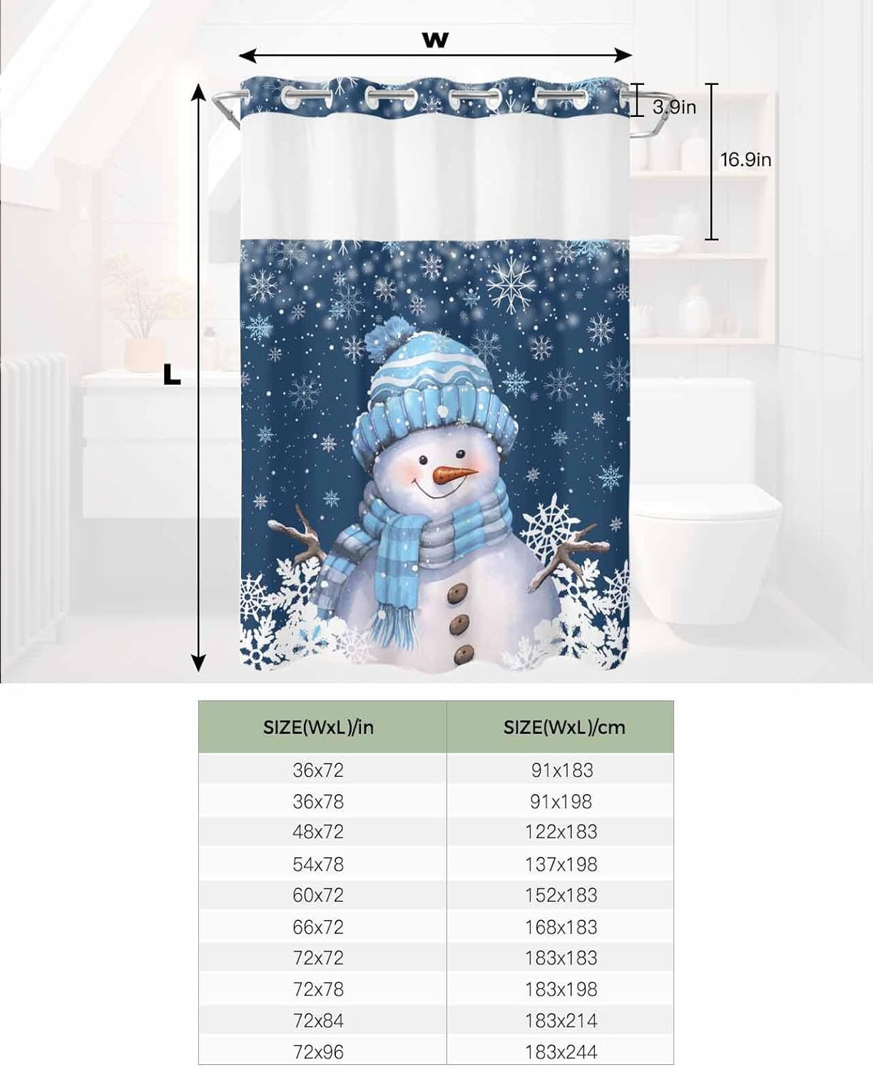 Blue Christmas No Hook Shower Curtain with Snap in Liner for Bathroom, Xmas Snowman with Cap Shower Curtains, Waterproof Fabric Winter White Snowflake Shower Curtain with See Through Top Window,60x72