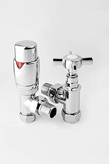 Greened House Krackow Angled Designer TRV Thermostatic Radiator & Towel Rail Valve with Traditional Cross Head Valve Column Radiator Valve