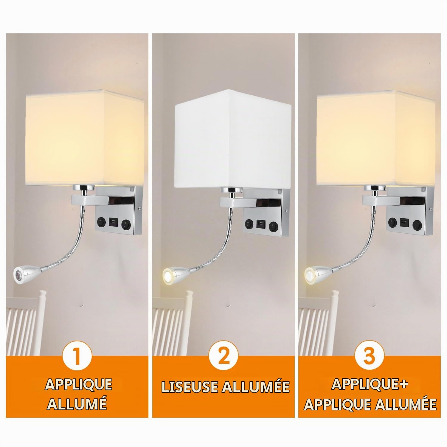 Tissting Applique Murale LED, Lampe de Lecture Réglable avec Bras Articulé et Port USB, Abat-jour Tissu de Lin Blanc E27 Nickel Satiné pour Chambre et Hôtel