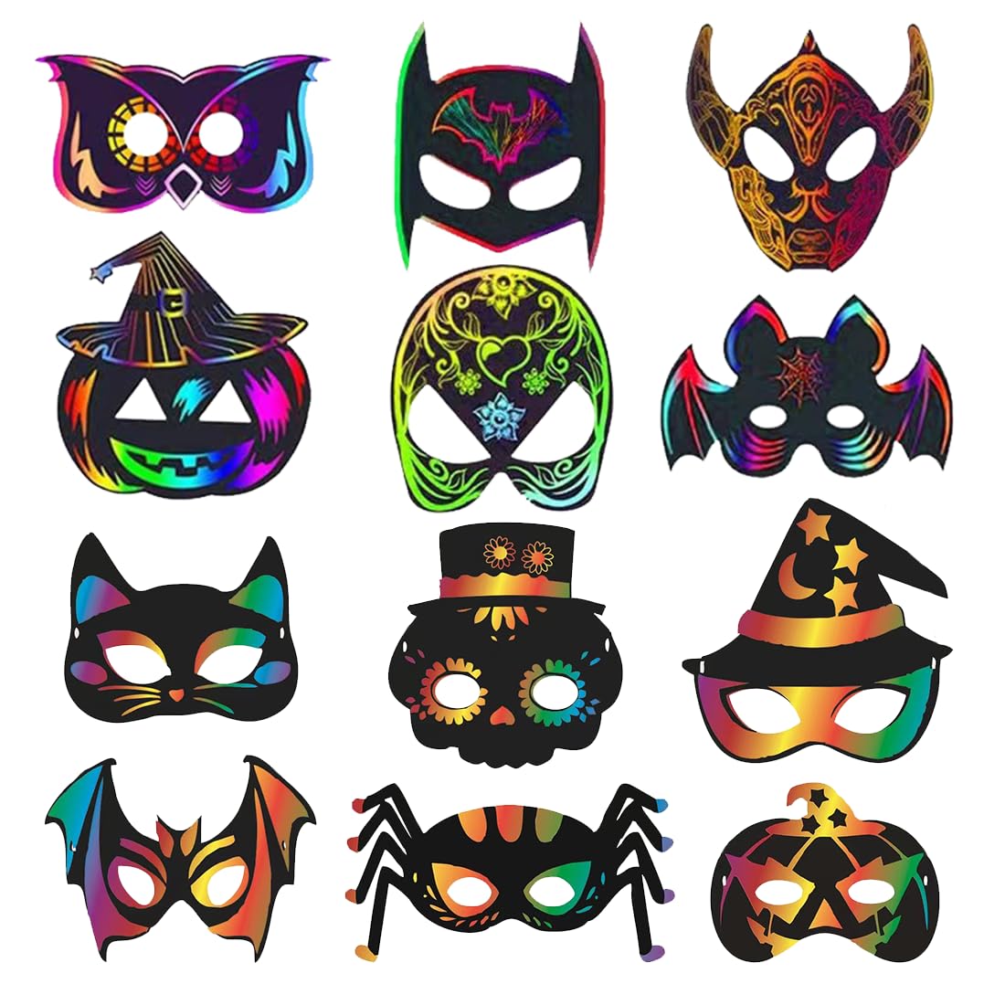 Wishstar 24 sztuki obrazków do zdrapywania na Halloween, maseczki do zdrapywania dla dzieci, maski na Halloween, zestaw do majsterkowania DIY z elastycznymi sznurkami i drewnianymi rylcami, dekoracja