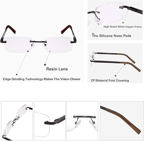 Miniatura 4 de Paquete de 3 lentes de lectura sin montura para hombres, con bloqueo de luz azul, bisagra de resorte, brazos de metal, resistentes y elegantes