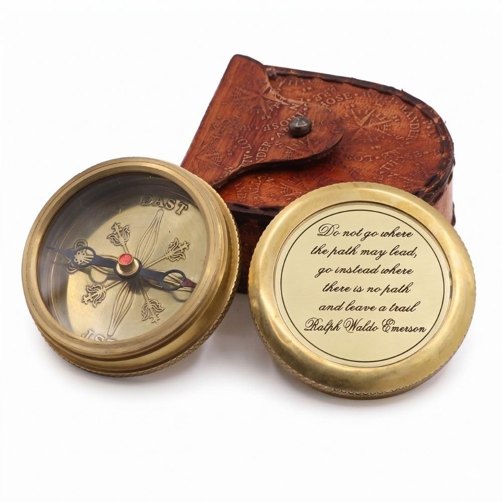 Solid Brass Compass with Leather Case – Engraved Quote “Do Not Go Where The Path May Lead” – Inspirational Gift for Men, Women, Graduates, Travelers, Retirement, Adventure Keepsake