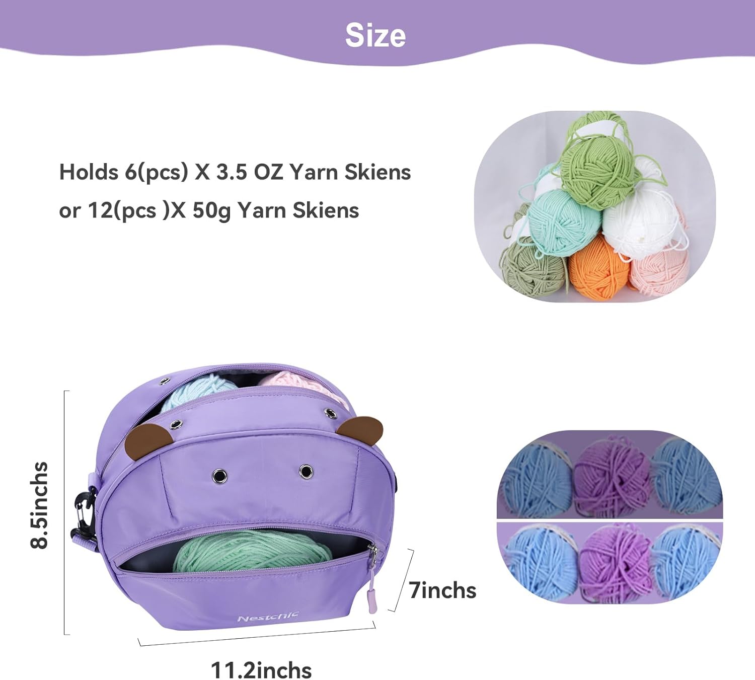 Hippo Yarn Storage Bag Organizer for Crochet Portable Knitting Holder with Zipper, Small Craft Project Bag, Cute Crochet Accessories & Gifts for Women (Light Purple)