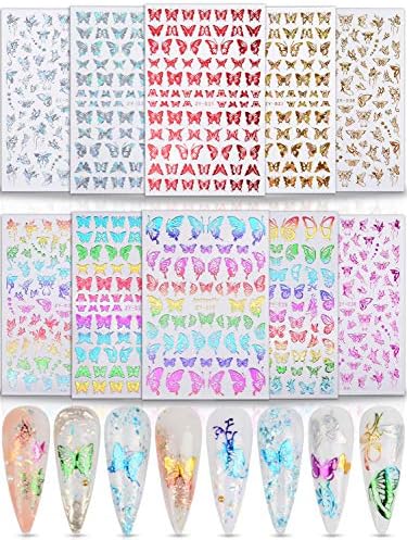 Warmfits 10 Sheets Holographic Butterfly Nail Stickers Decals Holo Gold Silver Multi-Color Different Shapes Nail Adhesive Stickers