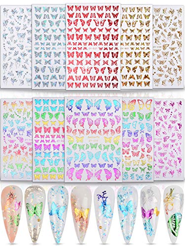 Warmfits 10 Sheets Holographic Butterfly Nail Stickers Decals Holo Gold Silver Multi-Color Different Shapes Nail Adhesive Stickers #TOP7