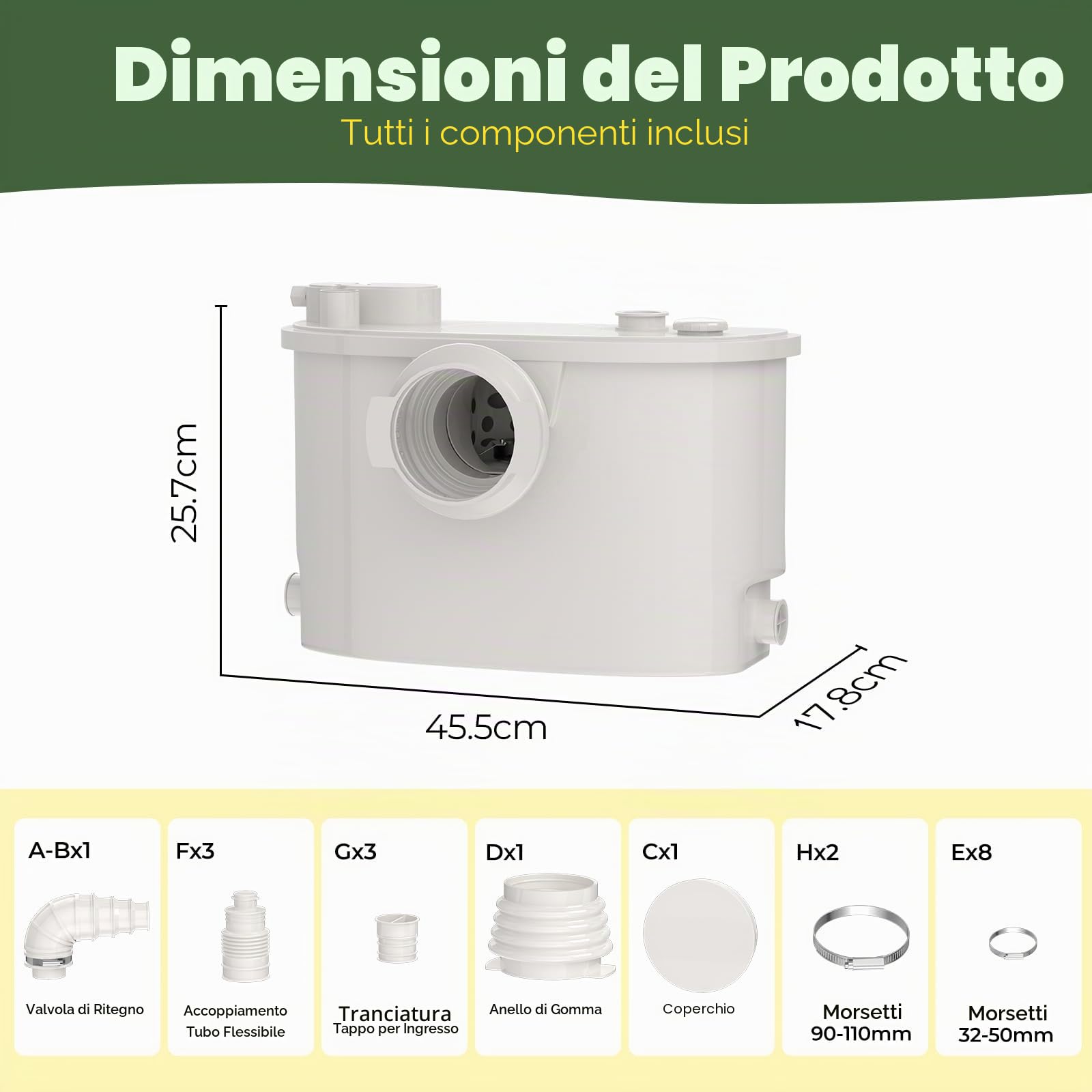 Pompa maceratrice, pompa tritureratrice per WC, con 4 ingressi per WC/cucina/lavandino/doccia da cantina, smaltimento acque reflue grigie, doppia deodorazione, motore in rame, 7 m/23 ft di prevalenza