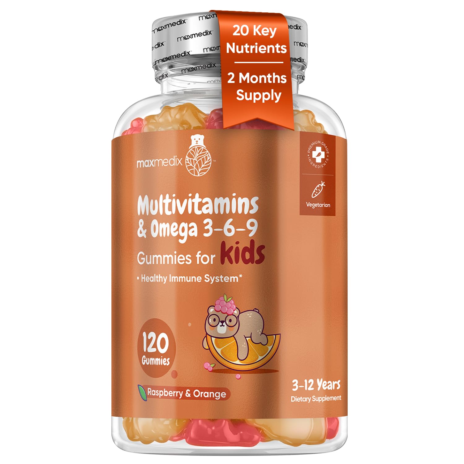 maxmedix Kids Multivitamin Gummies with Omega 3 6 9 | 20 Essential Kids Vitamins & Minerals for Healthy Immune System | 2-Month Supply | Children's Vitamins in Natural Raspberry & Orange Flavors