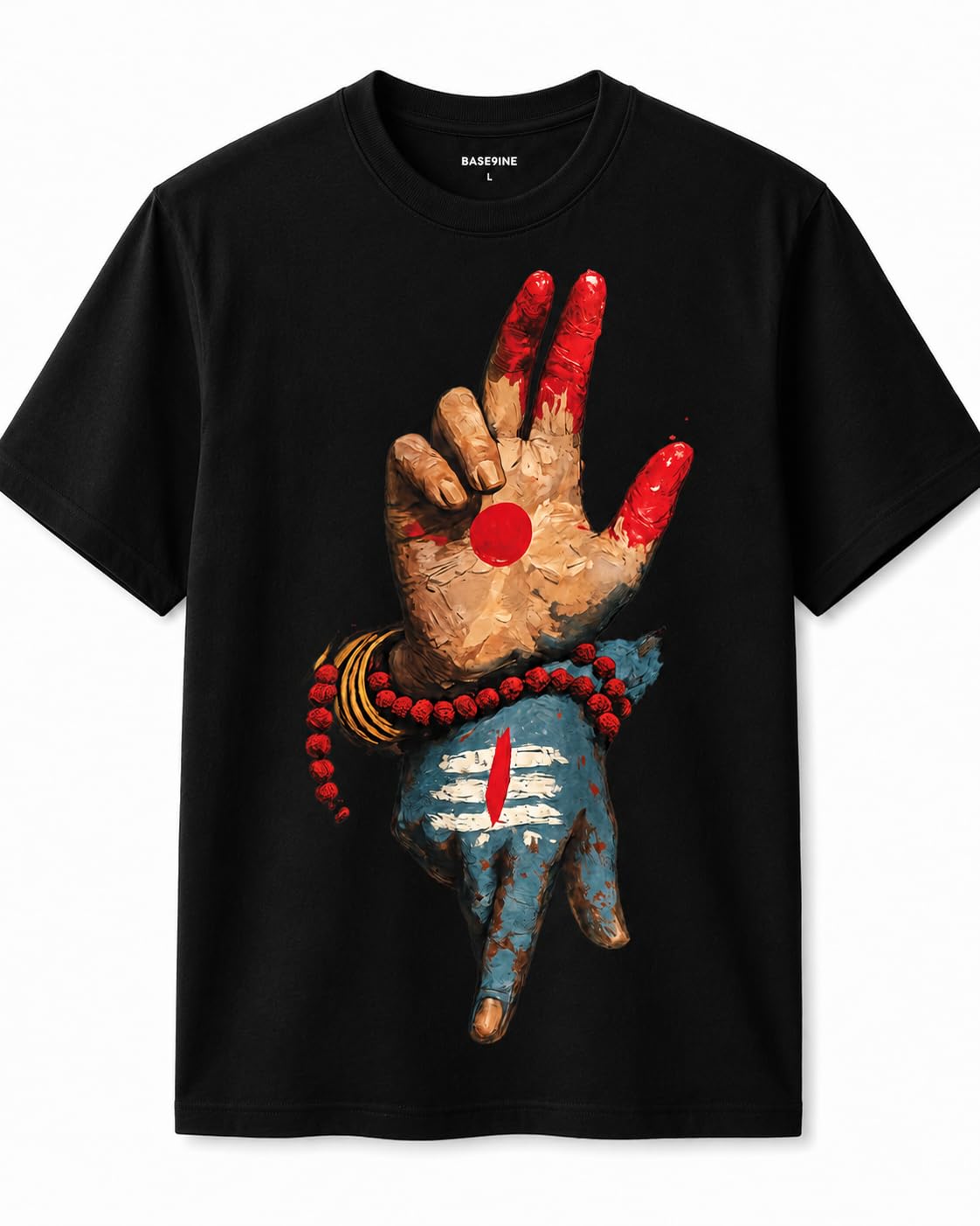 Unisex Spiritual Graphic | Shiva Hand Art Print | Hindu Devotional Streetwear | Premium Cotton Casual Tee | Black-image-44