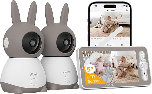2K Vidéo Baby Monitor avec 2 Caméras, ieGeek 360° Afficher l'écran Split Baby Monitor WiFi Smartphone avec 5" Pas de réponse WiFi LCD Moniteur, Motion & Détection de Cry, 2-Way Audio, 1000ft Gamme, température, berceuses