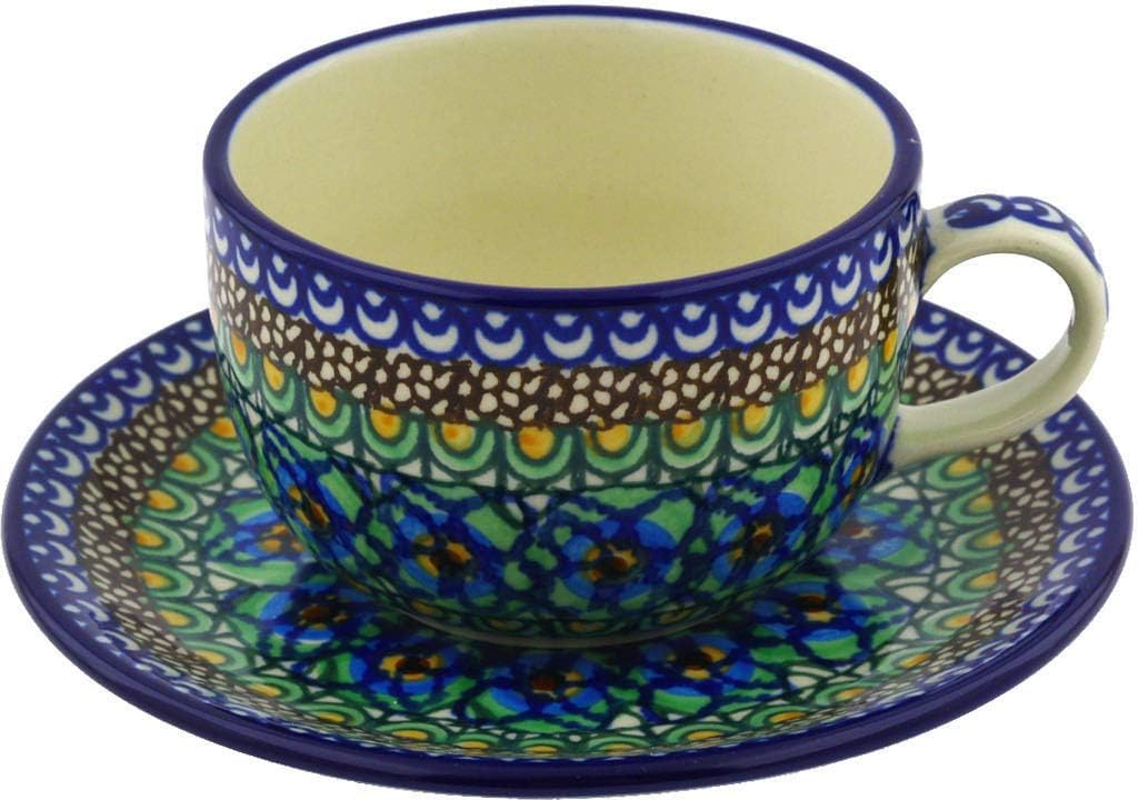 Polmedia Polish Pottery Cup with Saucer UNIKAT - Mardi Gras Pattern Handmade in Boleslawiec Poland by Ceramika Artystyczna + Certificate of Authenticity