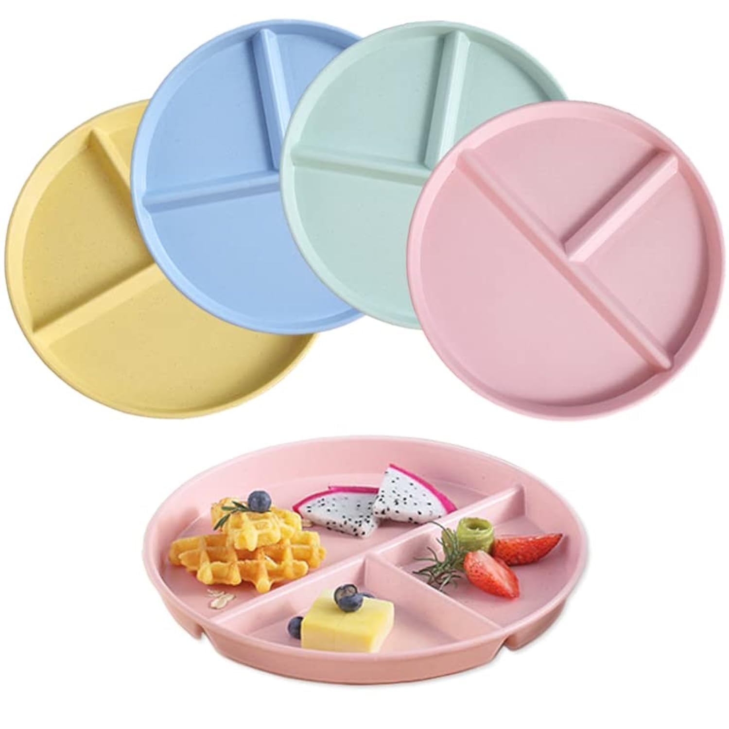 Assiettes 3 Compartiments NOZVYCI Lot De 4 - Incassables Micro-ondes Lave-vaisselle 23cm