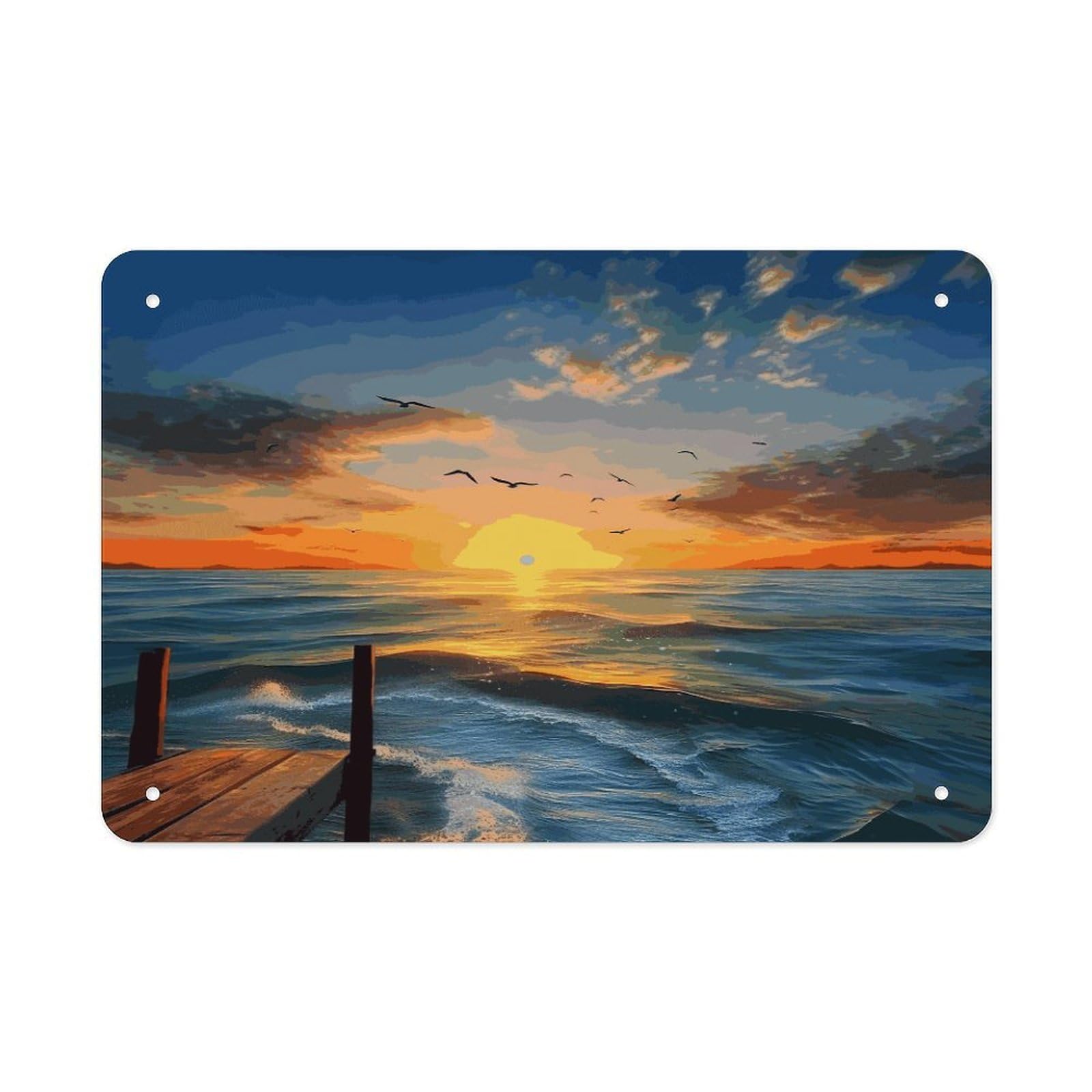 LDGSUPH Sunset Sea Metal Tin Sign Wall Art Prints Folded Edge Iron Sheet Painting with Holes for Wall Prints Decorative Picture Metal Signboard Decor Painting Wall Decor
