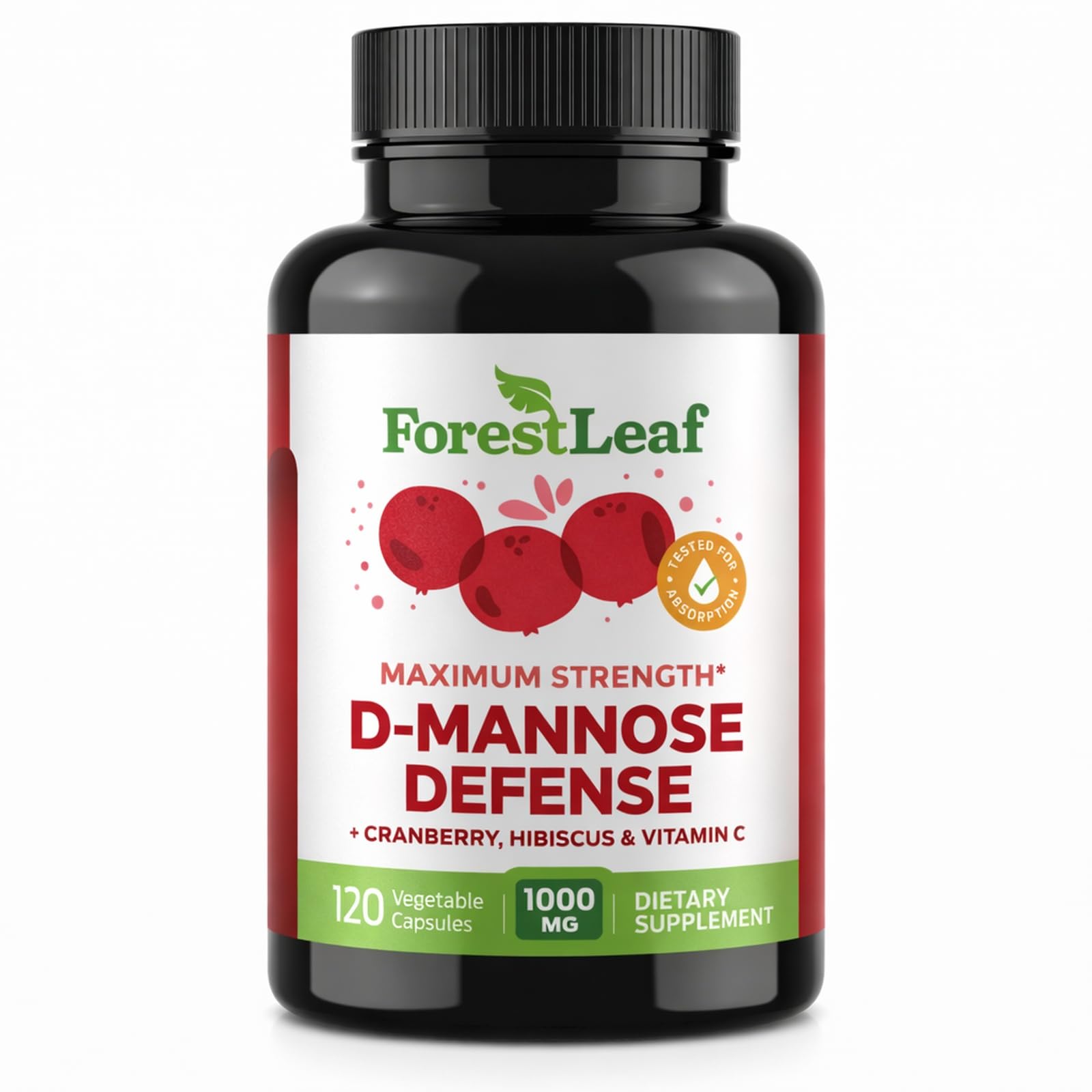 ForestLeaf D Mannose 1000mg Capsules - D-Mannose with Cranberry, Hibiscus & VIT C, Urinary Tract Health for Women and Men, DMannose Pills for UTI, Urinary Health & Bladder Support 120 Capsules