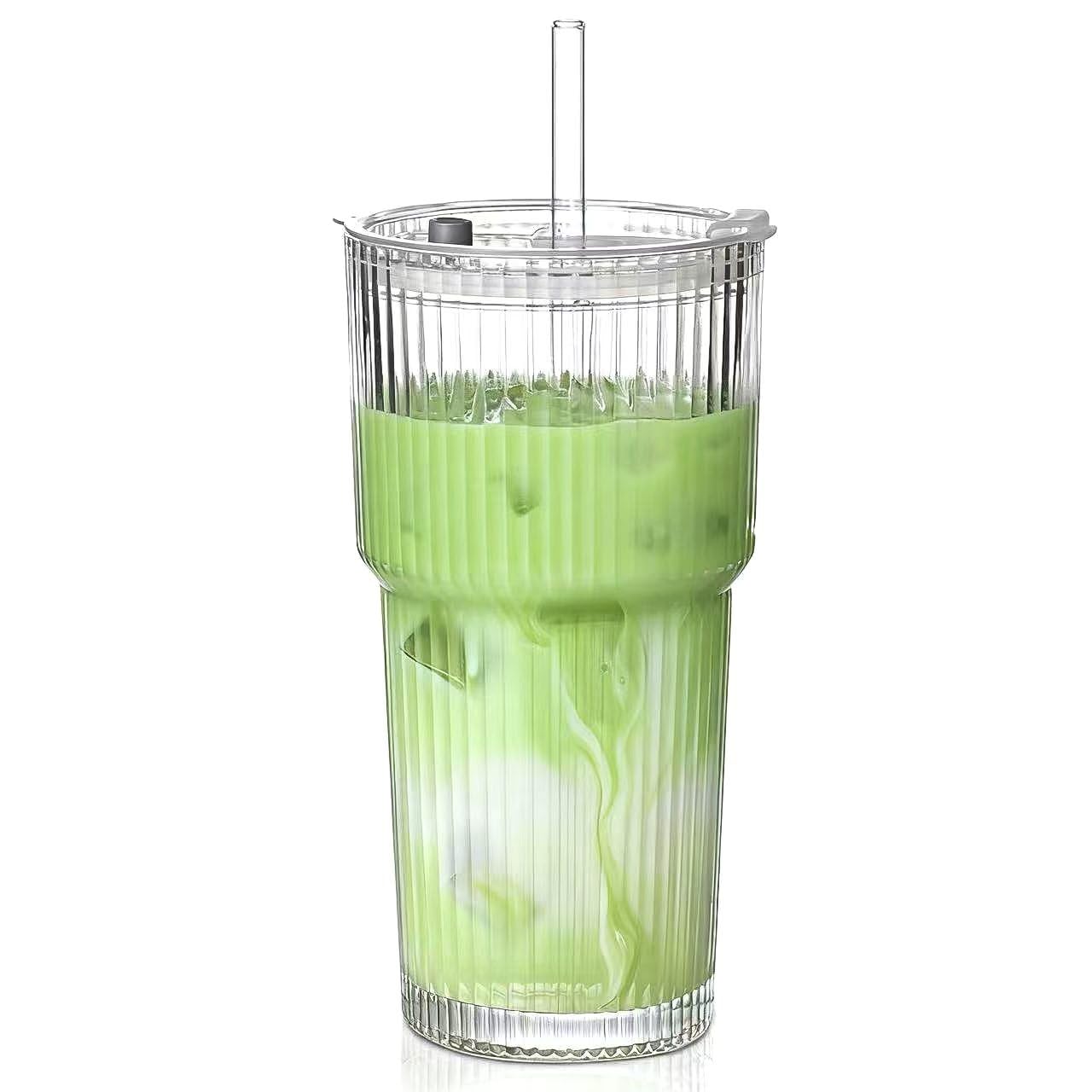 20 oz Glass Tumblers Iced Coffee Cups with Lids and Glass Straws Thickened Wall Ribbed Glass Cups Ideal