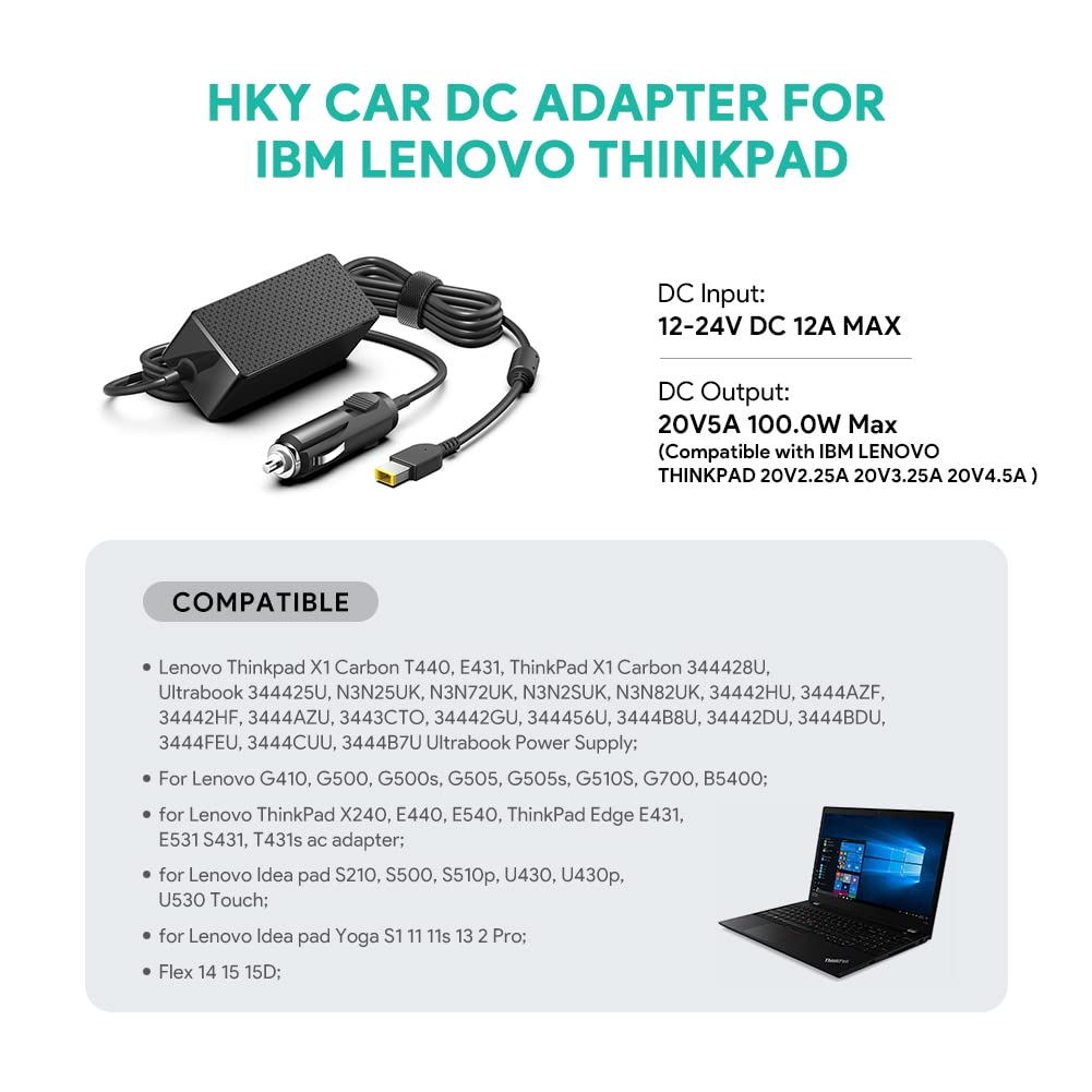 HKY 100W 20V 5A 4.5A 3.25A 2.25A Cargador de Coche 12V-24V DC para ThinkPad T430 T440 T450 T460 E440 E531 Thinkpad X1 Carbon (Gen2/3/4) X240 X250 X260 Z50 Lenovo Ideapad 2/11/11s/ 13/2 Pro/Flex 14/15