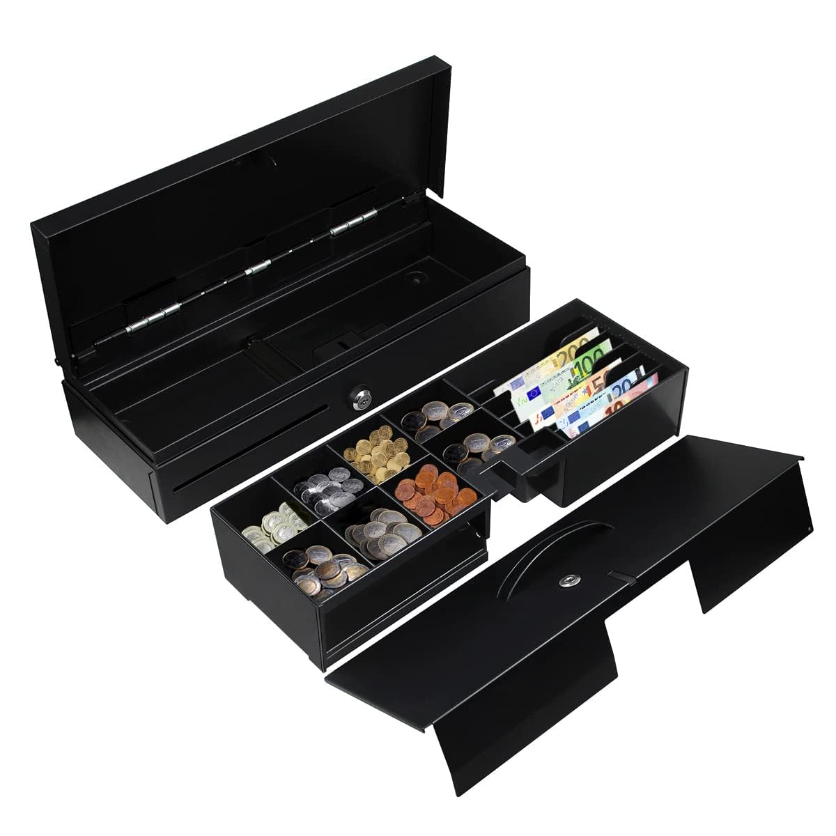 HONEY BEAR Klappdeckel-Kassenlade Registrierkasse Schublade 12V/24V Kassenschublade Kasse Geldlade für POS-Belegdrucker System, mit RJ11/RJ12 Schnittstelle, 6 Banknoten und 8 Münzen (Schwarz)