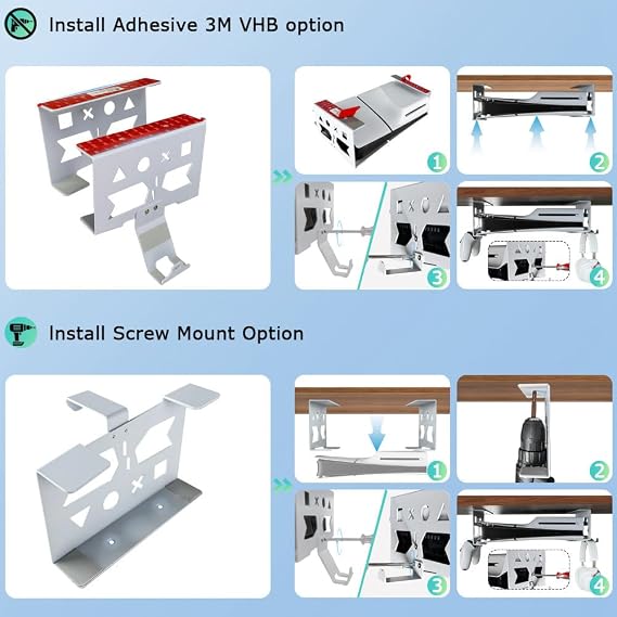 Aluminum Under Desk Mount for PS5/PS5 Slim/ PS5 Pro Digital & Disc, Securing Under Desk Bracket with Detachable Controller & Headphone Holder Kit No Drill (White)