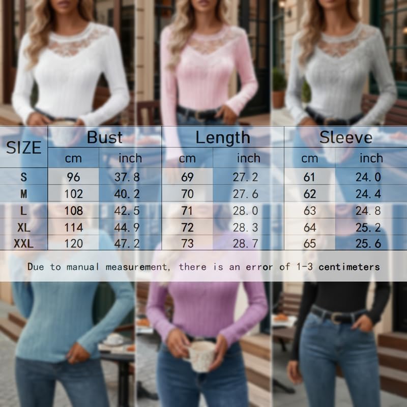 Women's Sexy Lace Tops Dressy Casual Long Sleeve Crewneck Slim Fit Kint Shirts Spring Outfit Clothes - Image 4