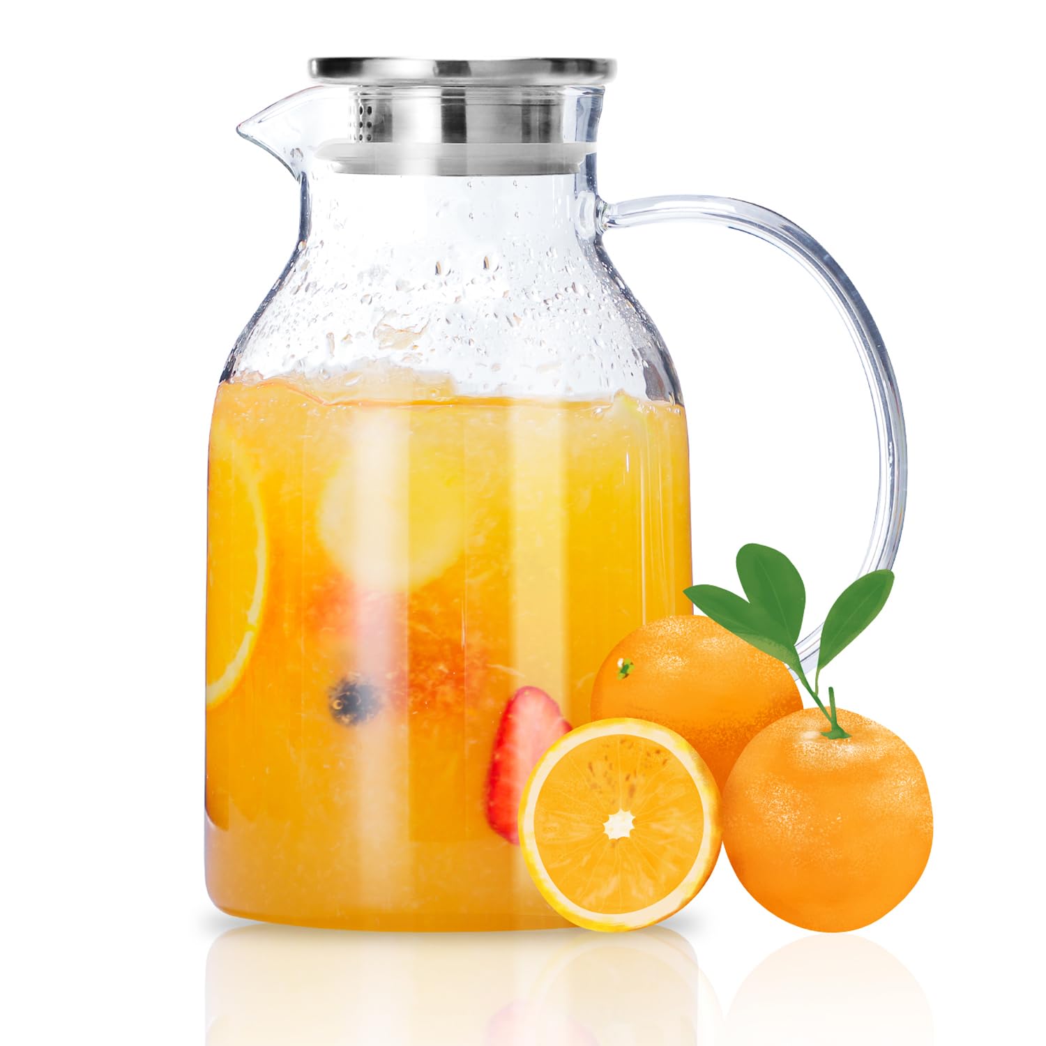 Vekonn Glass Pitcher with Lid, Glass Water Pitcher with Lid and Spout, 68 Ounces Heat Resistant Borosilicate Glass Carafe with Brush and Mixing Spoon, Temperature Safe