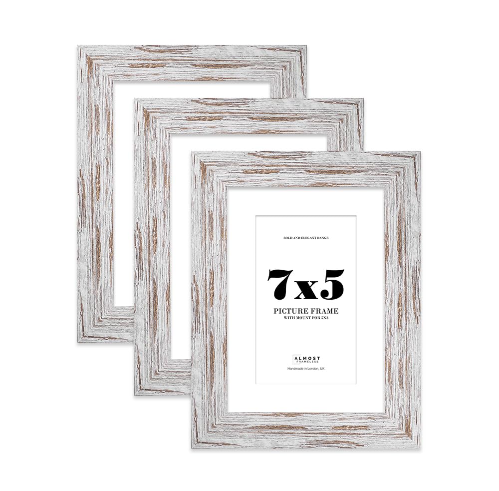7x5 Distressed Wood Frame With Mount for 5x3 Pictures 28mm Edge Portrait and Landscape Display with Wall Hooks and Kickstand, 3 Pack