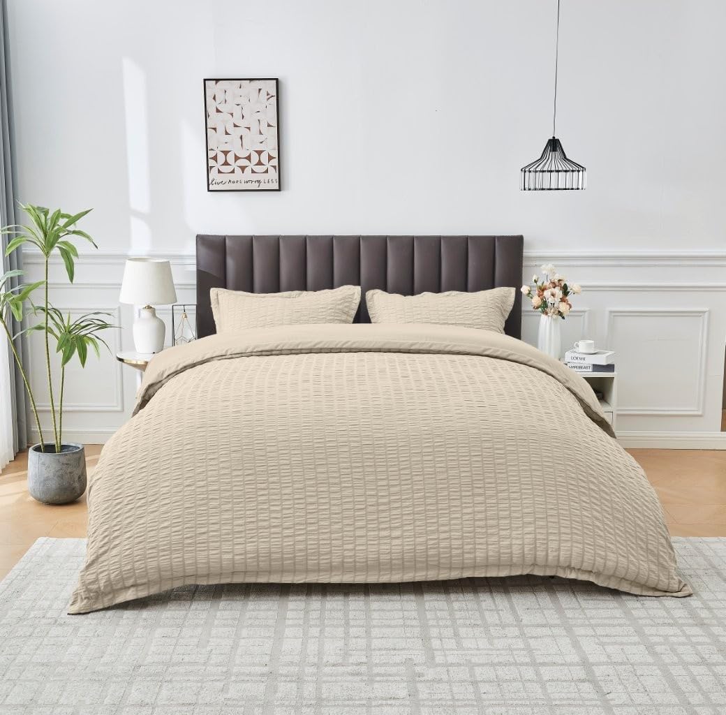 Lions Natural Seersucker Bedding - Double Bed Duvet Cover Set with Matching Pillowcase, Soft Microfiber Pinch Pleat Quilt Coverr with Button Closure, 200x200cm