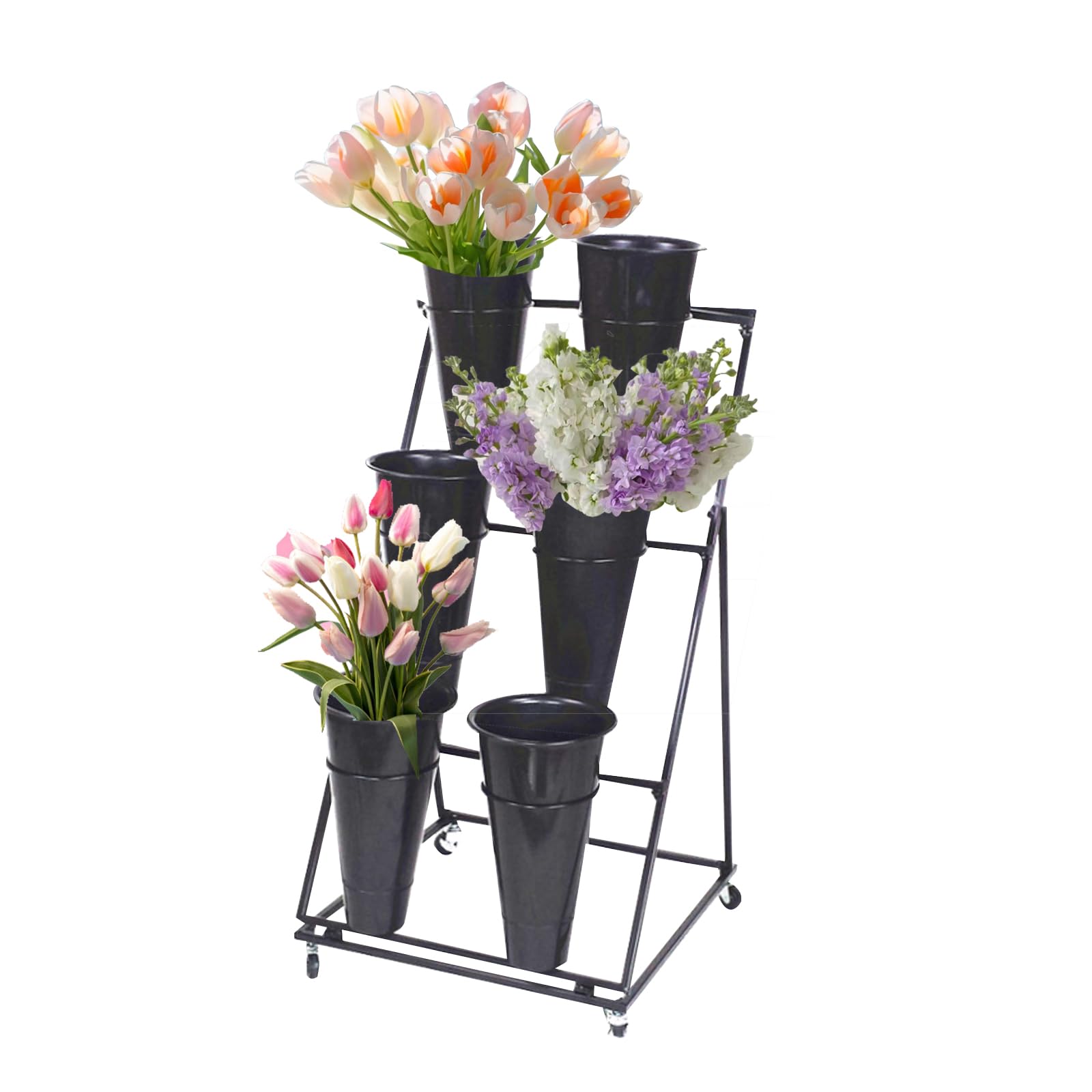 DFGHNBVC Metal Heavy Duty Moving Plant Cart With Wheels, Wrought Iron Florist Shelf For Livingroom, Garden, Indoor, Outdoor, Patio,3 Tier 6 Black Bucket