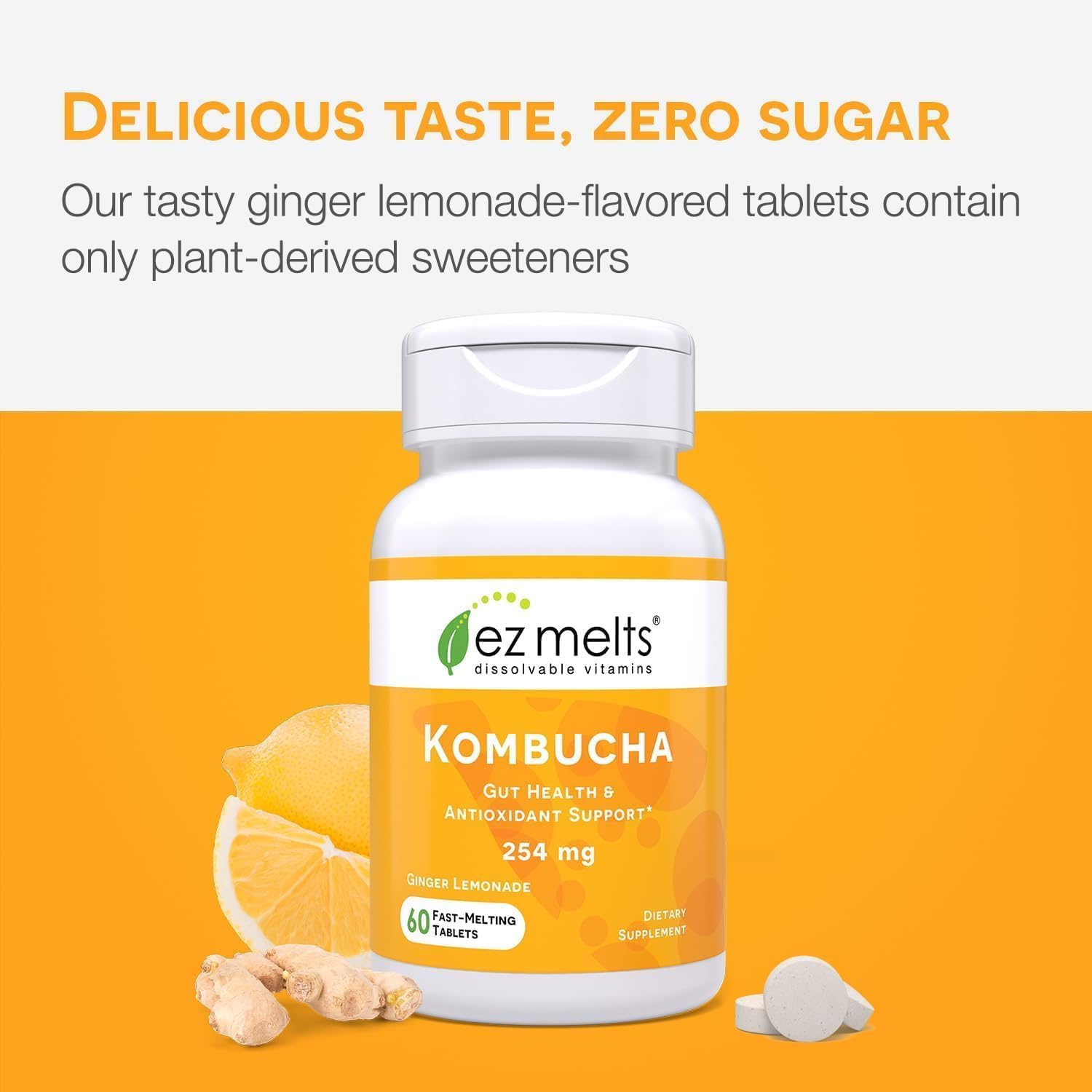 EZ Melts Dissolvable Sugar-Free Kombucha Tablets with SCOBY & Apple Cider Vinegar, Gut Health Supplements for Men & Women, Ginger Lemonade Flavor, 2-Month Supply - 1 Pack - Image 4