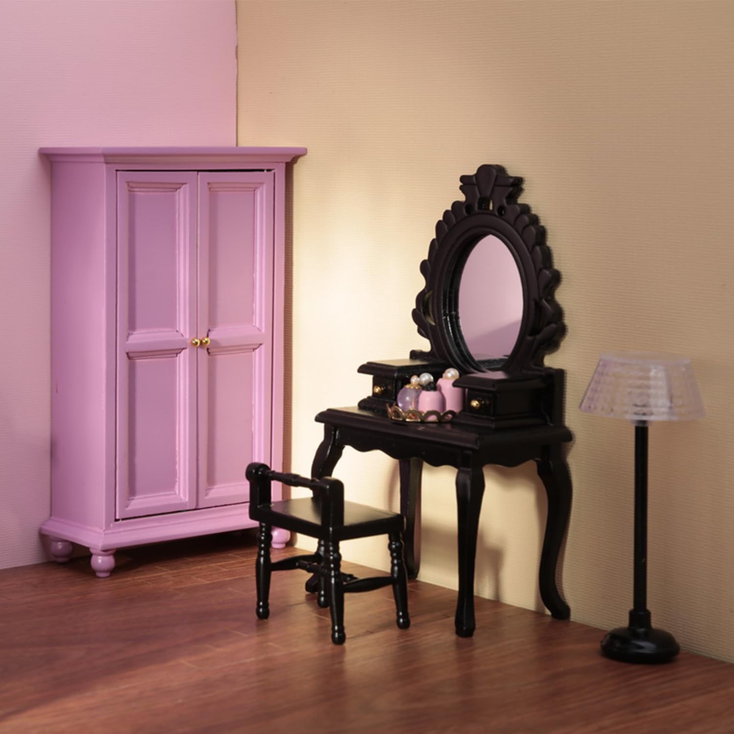 Minamzee 8Pcs 1:12 Dollhouse Bedroom Furniture Set Miniature Black Metal Bed with Bedding, Wooden Bedside Table, Lamp, Books (Wardrobe suit)