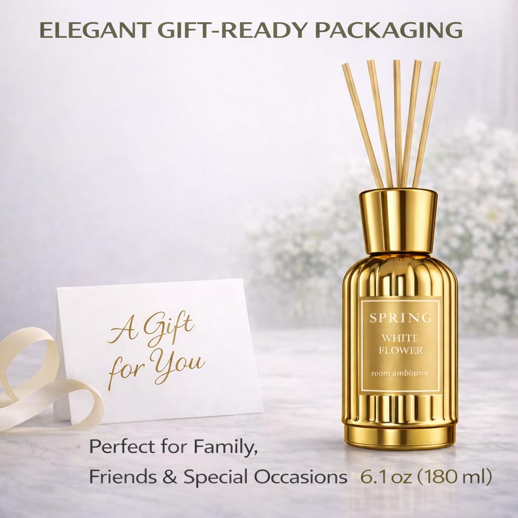 SPRING Reed Diffuser Set – Luxury Long-Lasting Home Fragrance | Fragrance Made in France | White Flower Scent (Lily, Jasmine & Tuberose) | Alcohol-Free | 6.1 oz (180 ml)