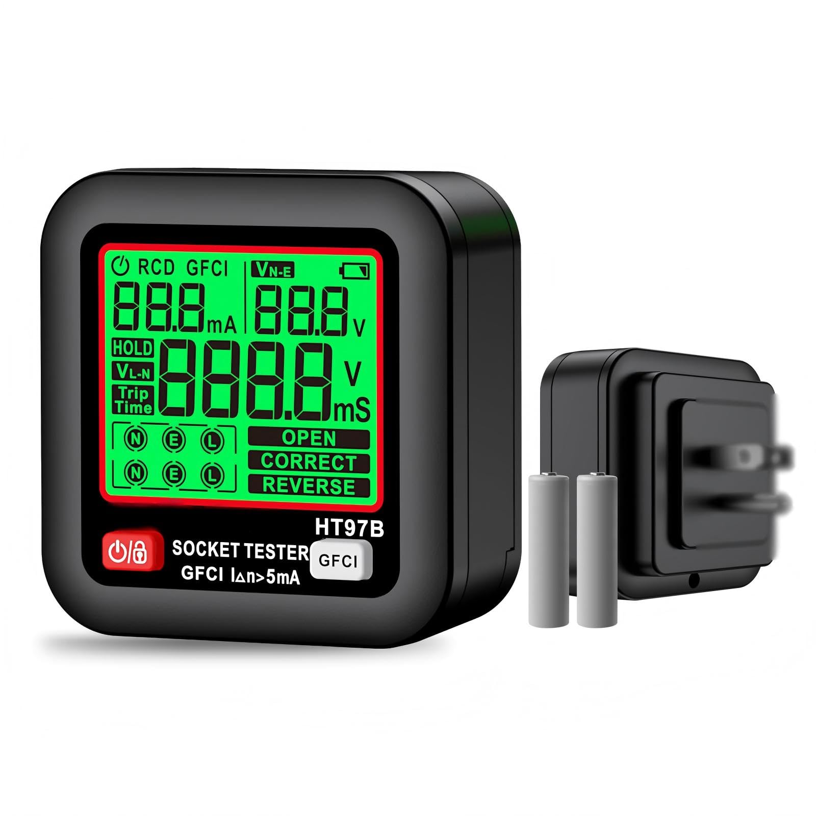 GFCI Outlet Tester with LCD Display, Receptacle Detector, Electric Voltage Tester for Standard 3-Wire 260V AC Voltage, Socket Checker 6 Visual Indicators/Wiring Legend for Home (HT97E)