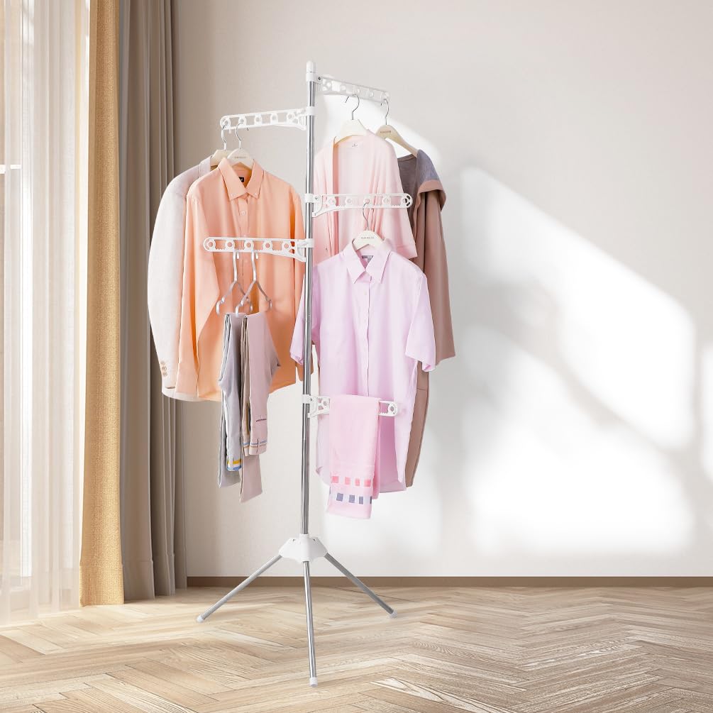BAOYOUNI Sechoir à Linge Étendoir Pliable en Métal Trépied Etendoir à Linge Rabattable avecà 5 Bras Peu Encombrant Facile à Installer, pour Intérieur et Extérieur, Ivoire