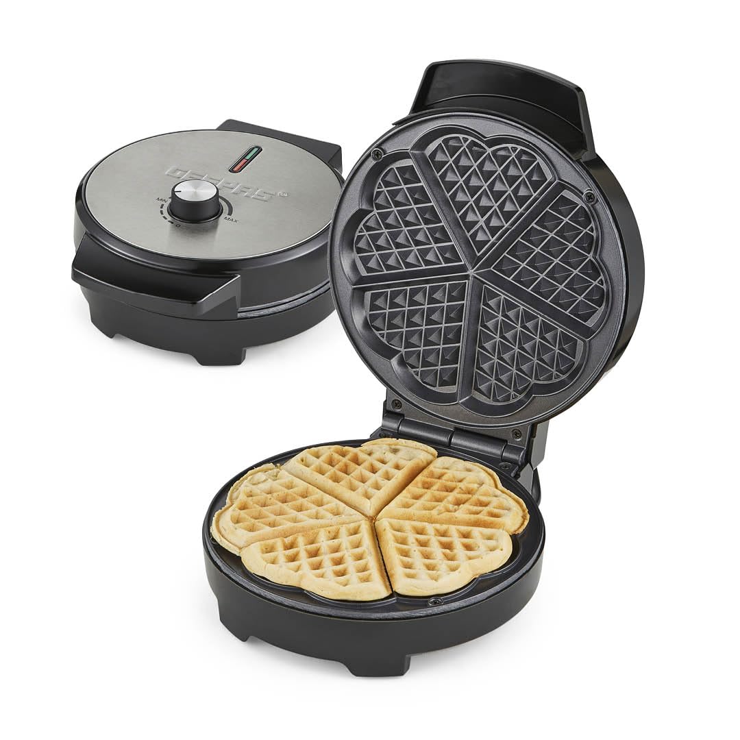 Geepas Waffle Maker – 5 Slice Heart Shaped Non-Stick Electric Belgian Waffle Maker with Adjustable Temperature Control – American Waffle Machine, Waffle Iron - 2 Years Warranty, 1000W, Silver & Black