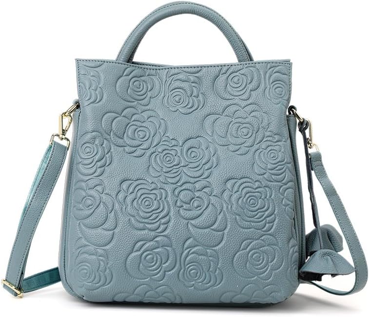 Genuine leather cowhide women's handbag rose camellia embossed large capacity detachable shoulder strap storage tote bag