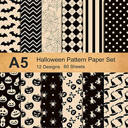 Whaline 60 Sheets Halloween Pattern Paper Set A5 Size Beige Black Craft Paper 12 Designs Spider Pumpkin Bat Witch Plaid Stripe Dot Origami Double-Sided Decorative Papers for Card Making Scrapbook