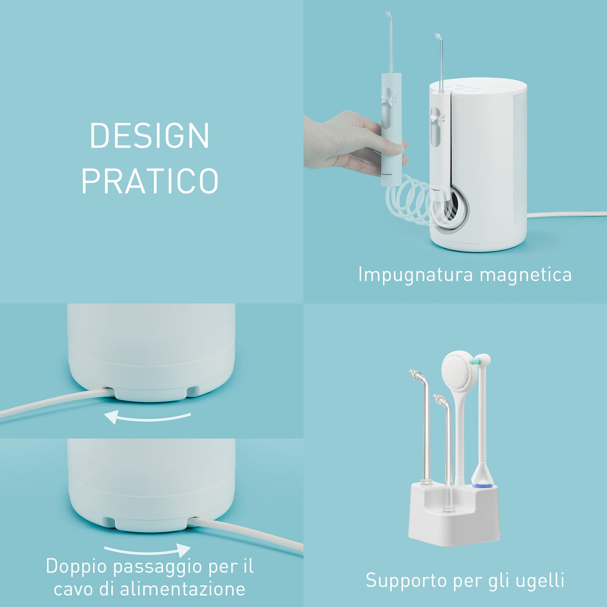 Panasonic EW1614AW503 PACK Irrigatore Orale per la Famiglia, Idropulsore per Denti, Getto Ultrasonico, Modalità Bambino, 10 Impostazioni di Pressione, IPX7, Ortodontico, 5 ugelli, Bianco