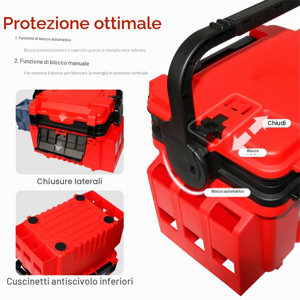 cassetta degli attrezzi portatile da pesca, scatola da pesca da viaggio, scatola con portabottiglie e supporti per canna da pesca